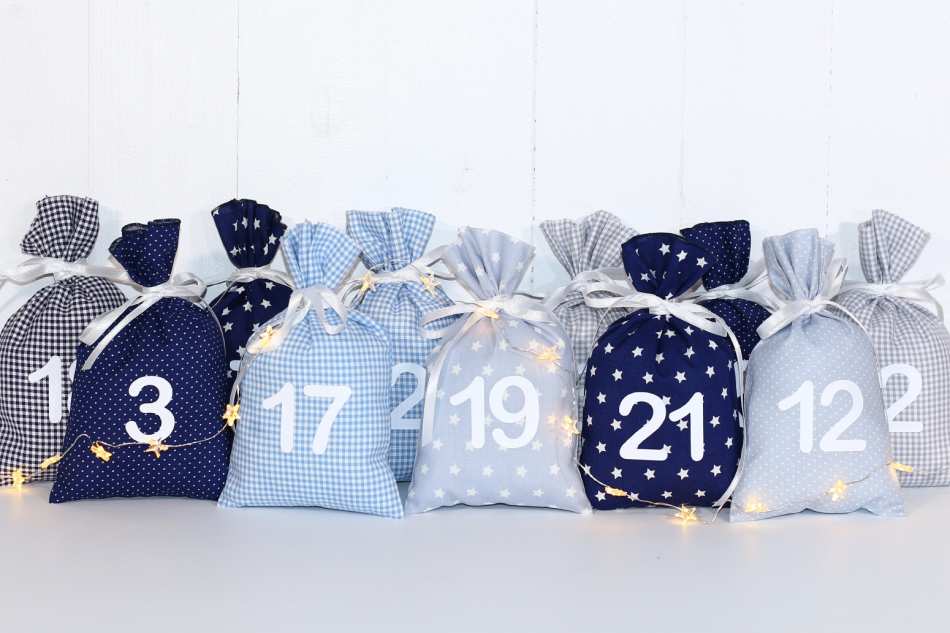 Adventskalender zum selbst befüllen blau-grau-hellblau